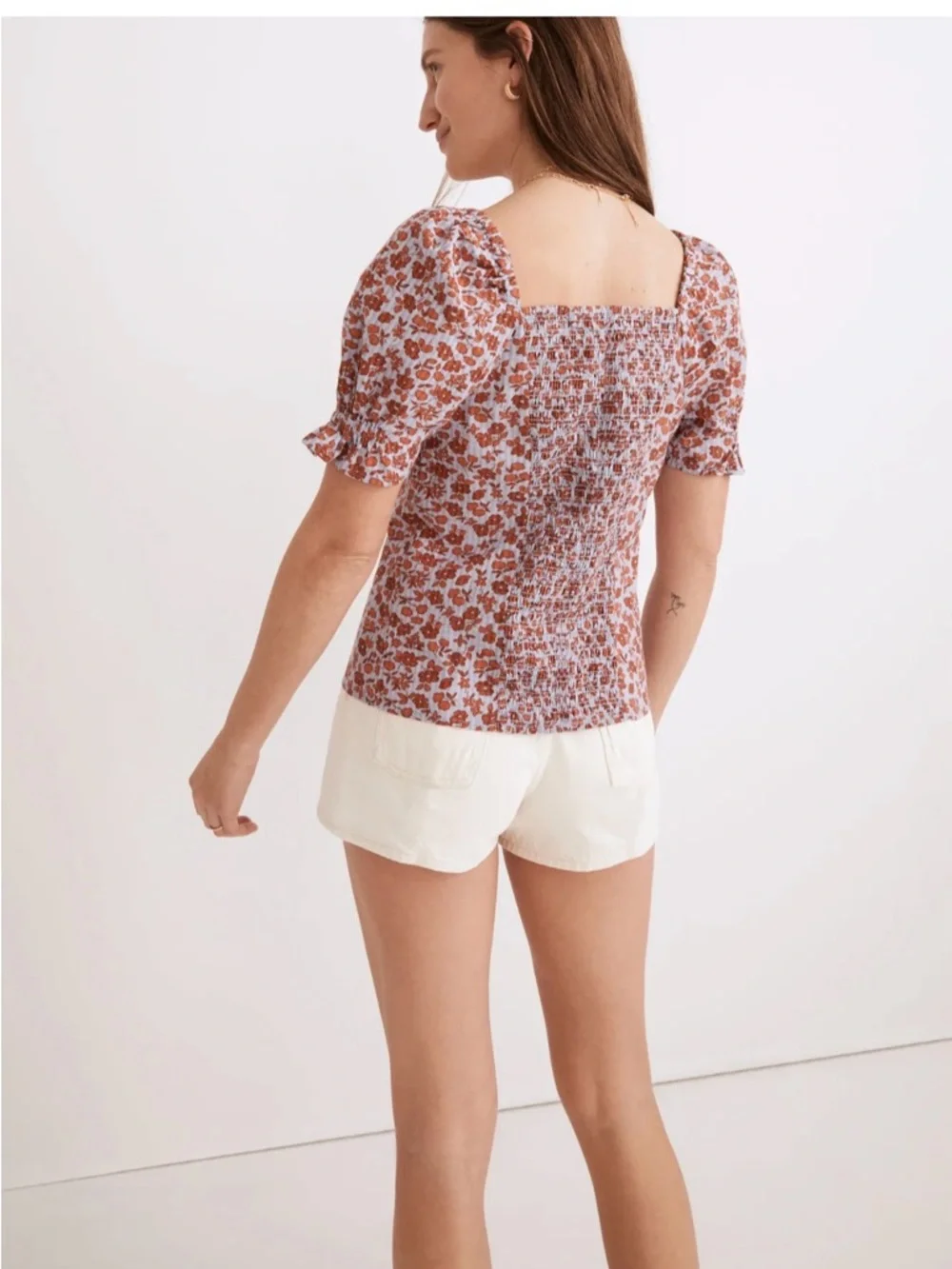 Madewell Rust Floral Square-Neck Puff Sleeve Top